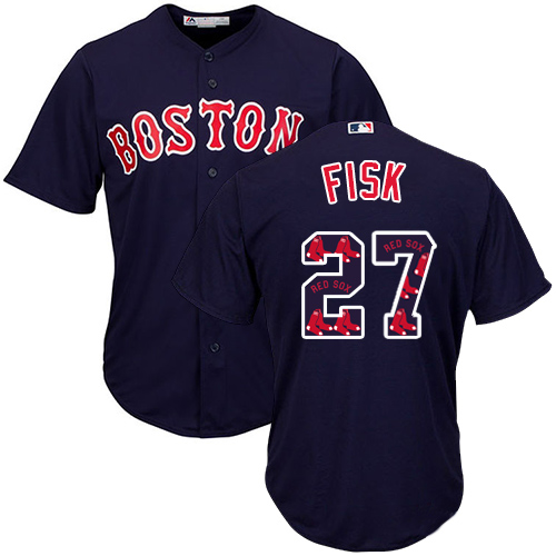 Men's Majestic Boston Red Sox #27 Carlton Fisk Authentic Navy Blue Team Logo Fashion Cool Base MLB Jersey