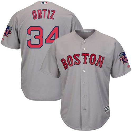 Men's Majestic Boston Red Sox #34 David Ortiz Replica Grey Road Retirement Patch Cool Base MLB Jersey