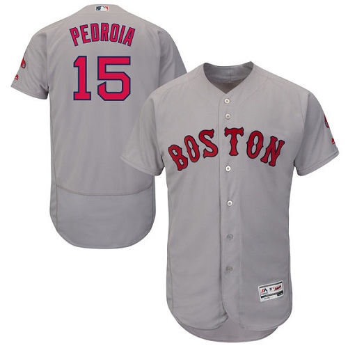Men's Majestic Boston Red Sox #15 Dustin Pedroia Grey Road Flex Base Authentic Collection MLB Jersey