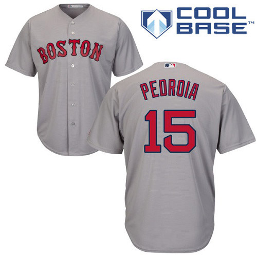 Men's Majestic Boston Red Sox #15 Dustin Pedroia Replica Grey Road Cool Base MLB Jersey