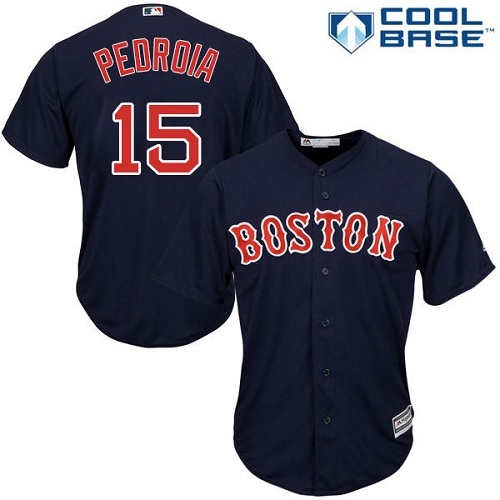 Men's Majestic Boston Red Sox #15 Dustin Pedroia Replica Navy Blue Alternate Road Cool Base MLB Jersey