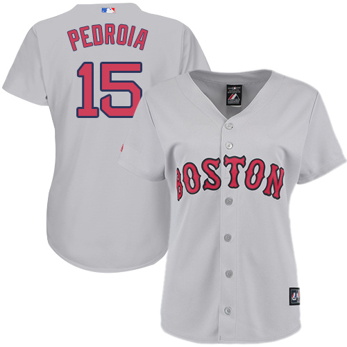 Women's Majestic Boston Red Sox #15 Dustin Pedroia Authentic Grey MLB Jersey