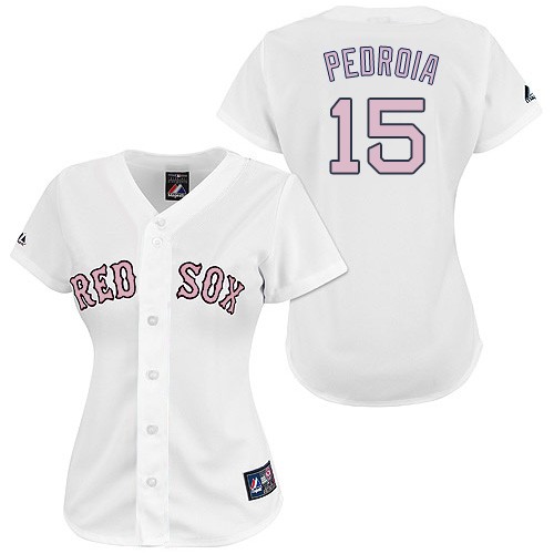 Women's Majestic Boston Red Sox #15 Dustin Pedroia Replica White/Pink No. MLB Jersey