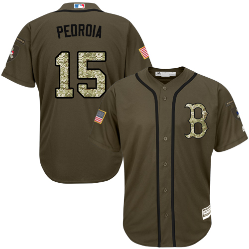Youth Majestic Boston Red Sox #15 Dustin Pedroia Authentic Green Salute to Service MLB Jersey