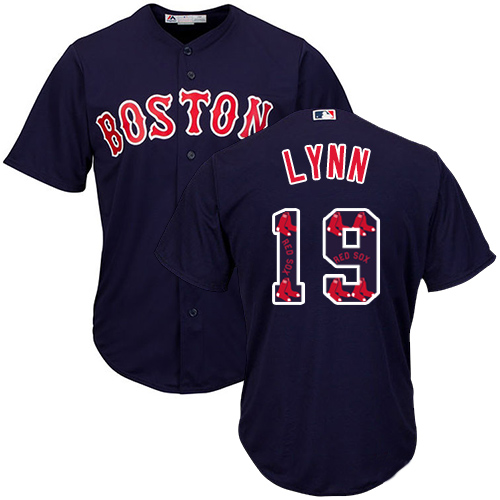 Men's Majestic Boston Red Sox #19 Fred Lynn Authentic Navy Blue Team Logo Fashion Cool Base MLB Jersey