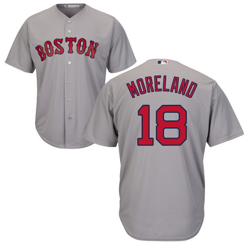 Youth Majestic Boston Red Sox #18 Mitch Moreland Replica Grey Road Cool Base MLB Jersey